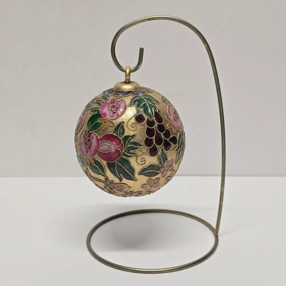 Vintage Floral Cloisonne Enameled Gold Ball Ornament With Stand Christmas Decor